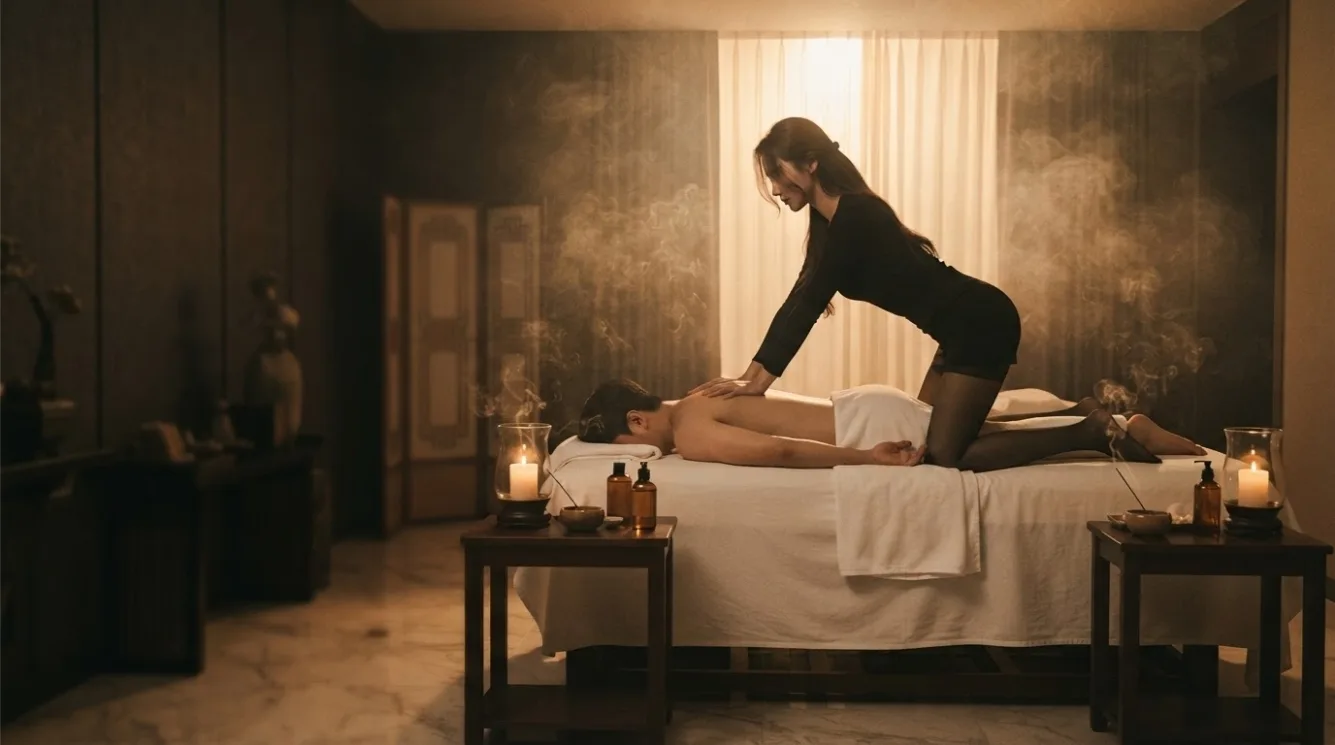 Therapist working on a guest’s back in a softly lit massage room