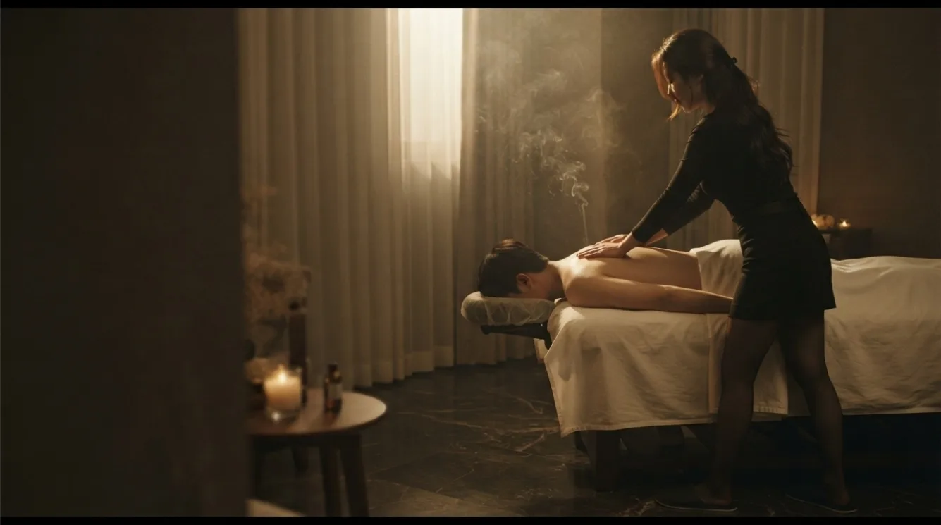 Therapist working on a guest’s back in a softly lit massage room