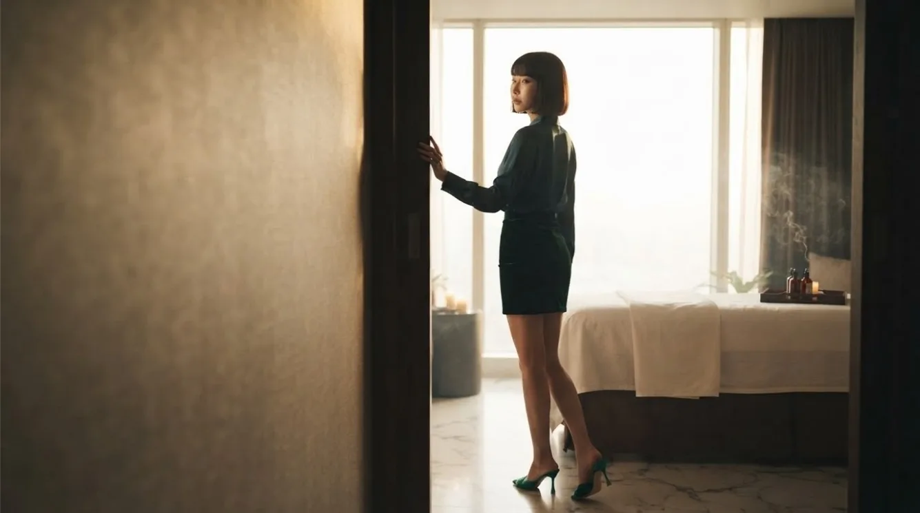 Therapist preparing for a visit beside a massage bed