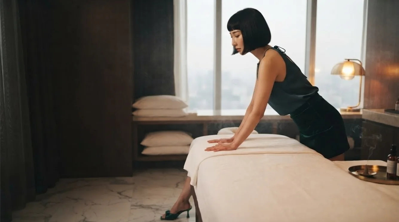 Therapist arranging folded towels beside a massage bed