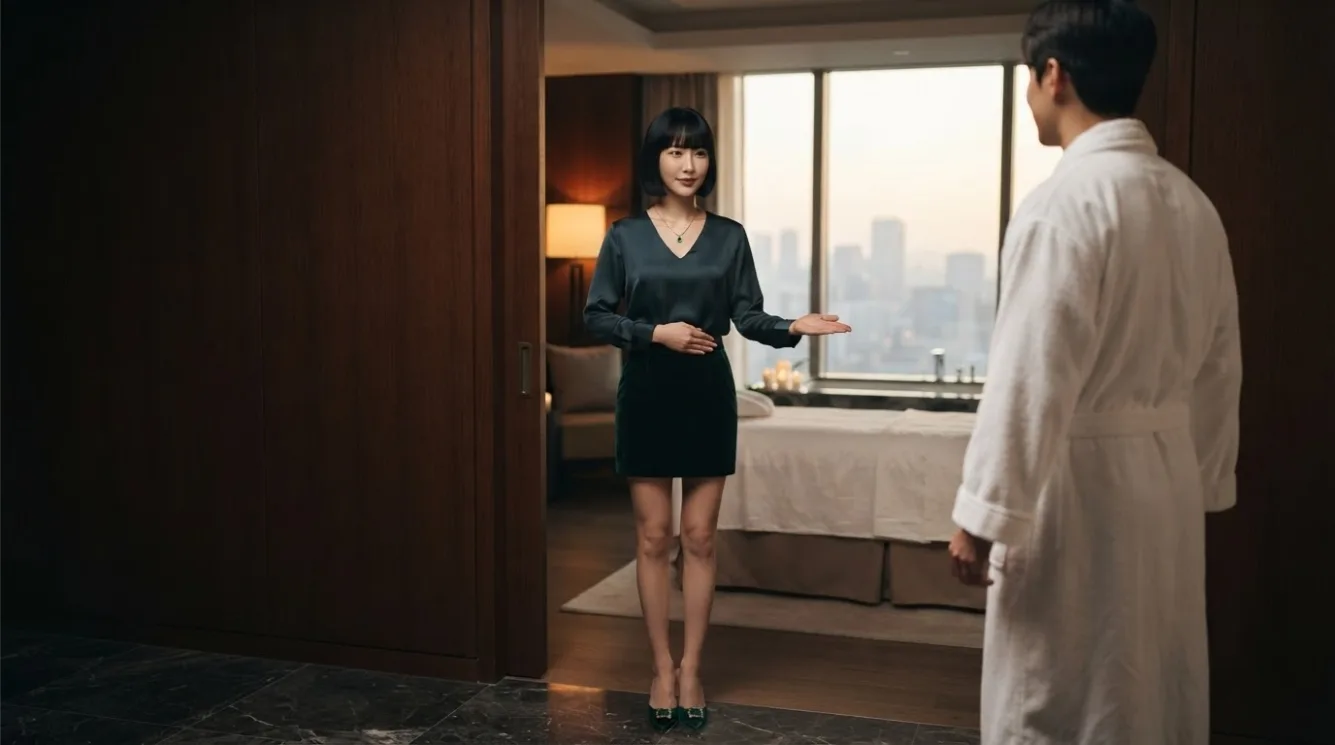Therapist preparing for a visit beside a massage bed