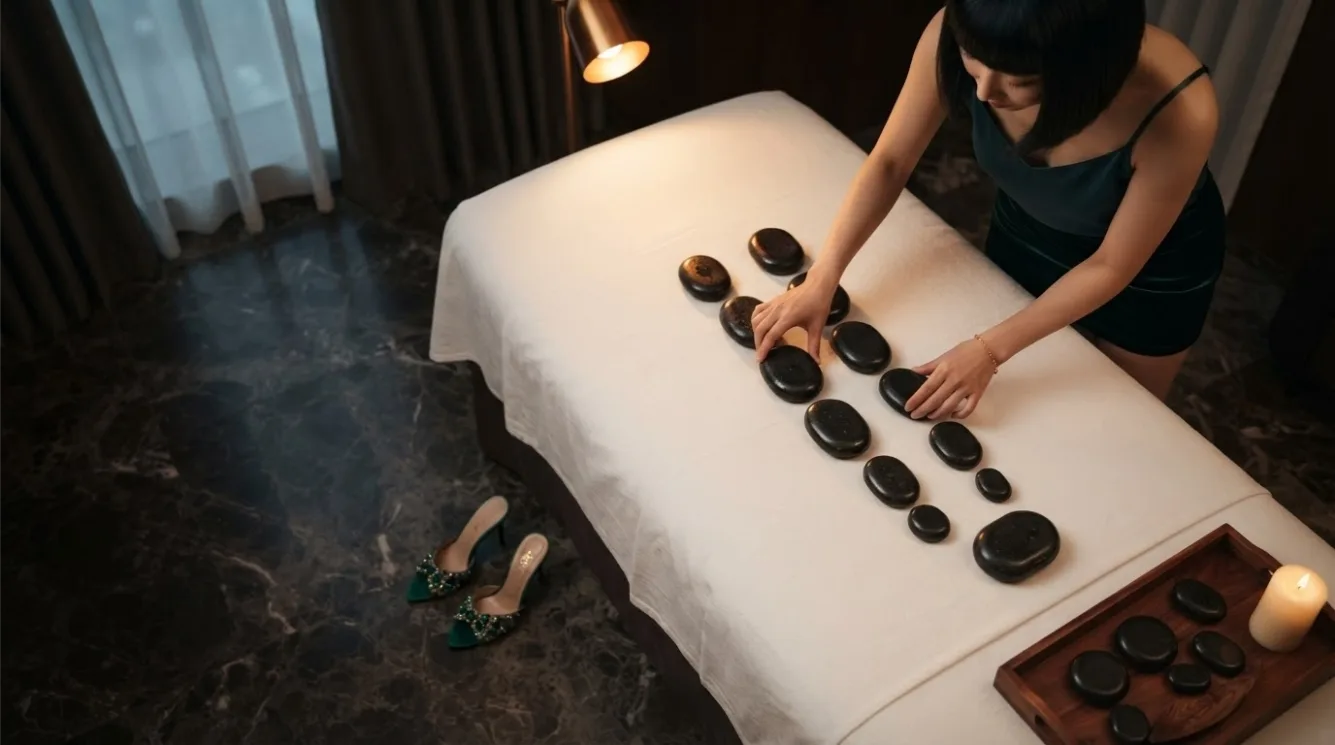 Hot stones arranged on a guest’s back during a massage