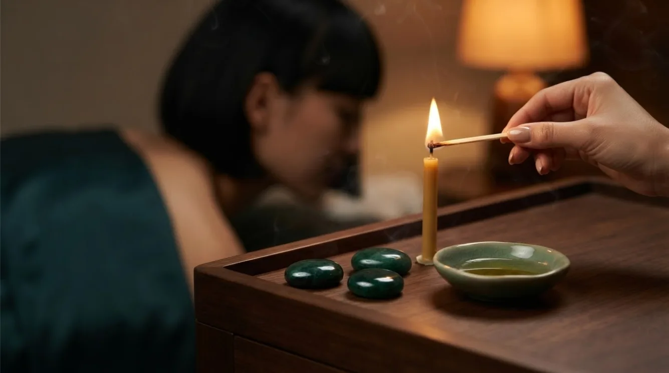 Therapist preparing massage oil beside a treatment bed