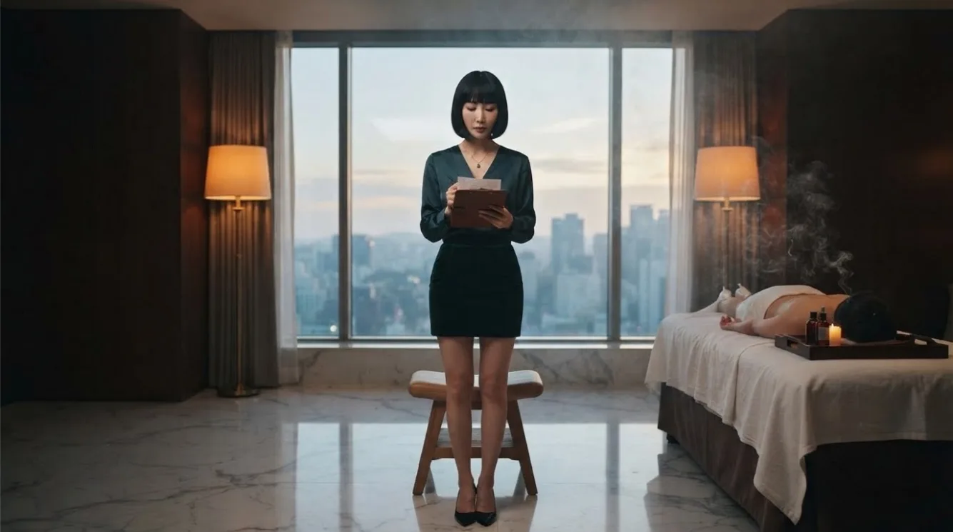 Therapist preparing for a visit beside a massage bed