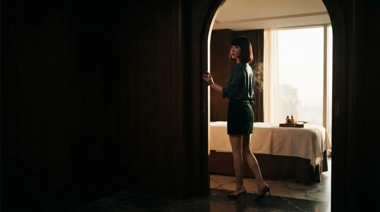 Therapist preparing for a visit beside a massage bed