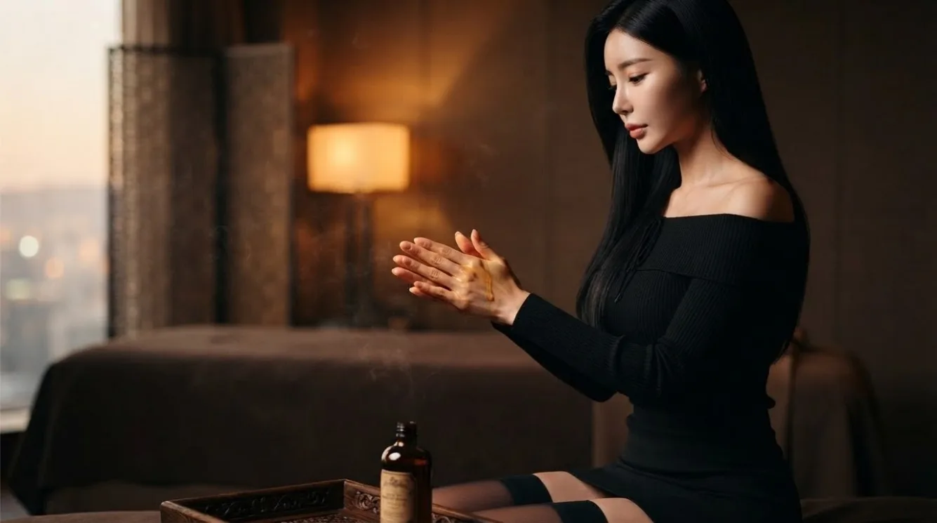 Therapist preparing massage oil beside a treatment bed