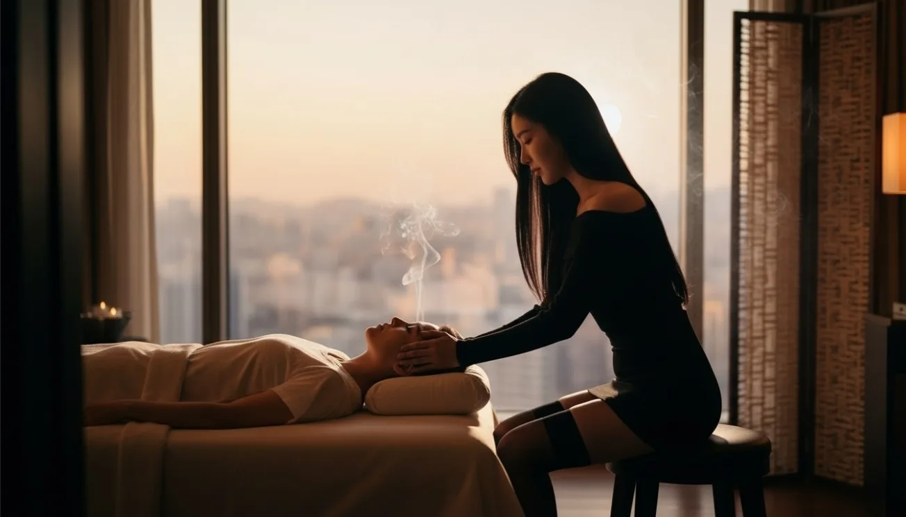 Therapist beside a guest during a private room massage