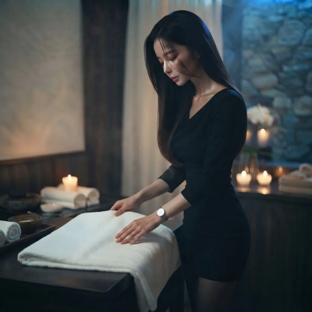 Therapist arranging folded towels beside a massage bed