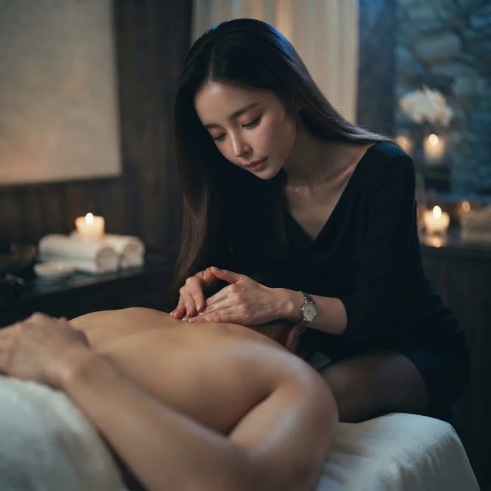 Therapist working on a guest’s back in a softly lit massage room