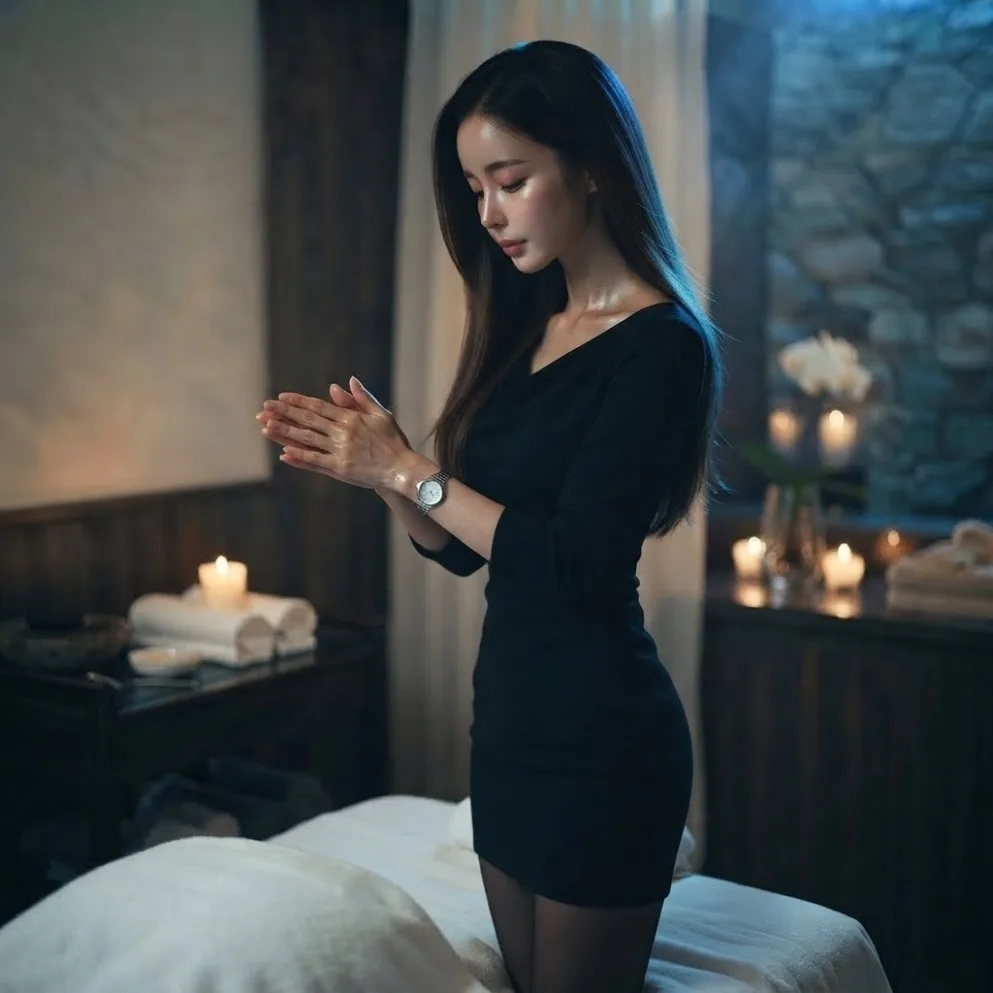 Therapist preparing for a visit beside a massage bed