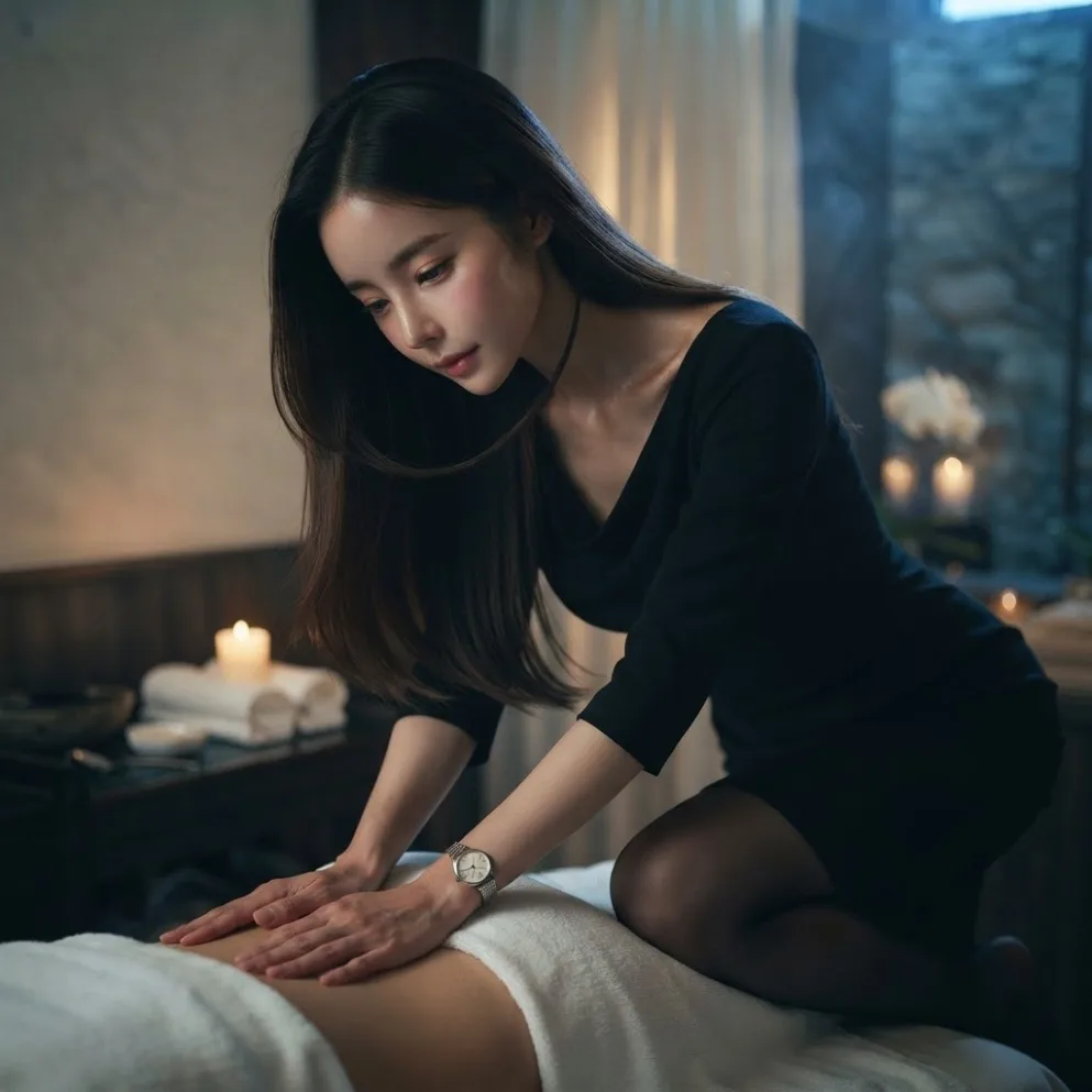 Therapist working on a guest’s back in a softly lit massage room