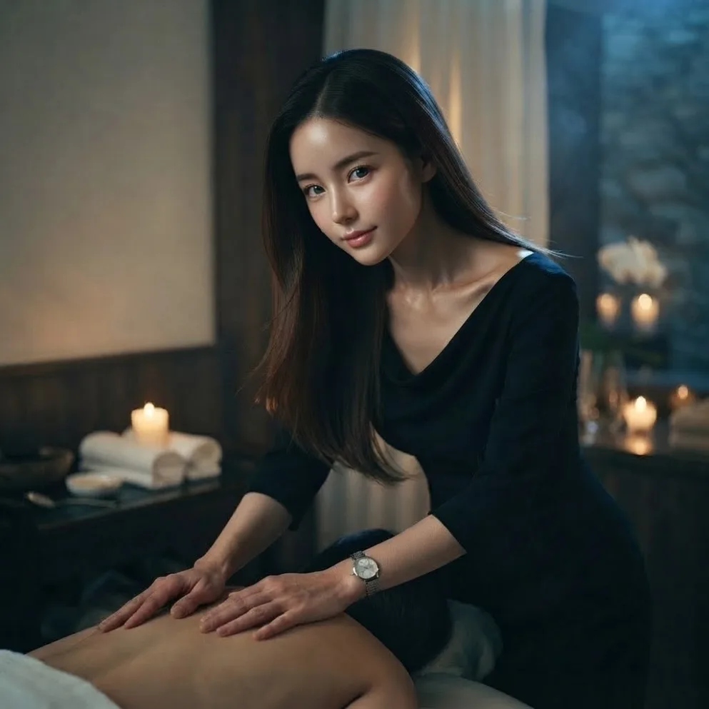 Therapist working on a guest’s back in a softly lit massage room