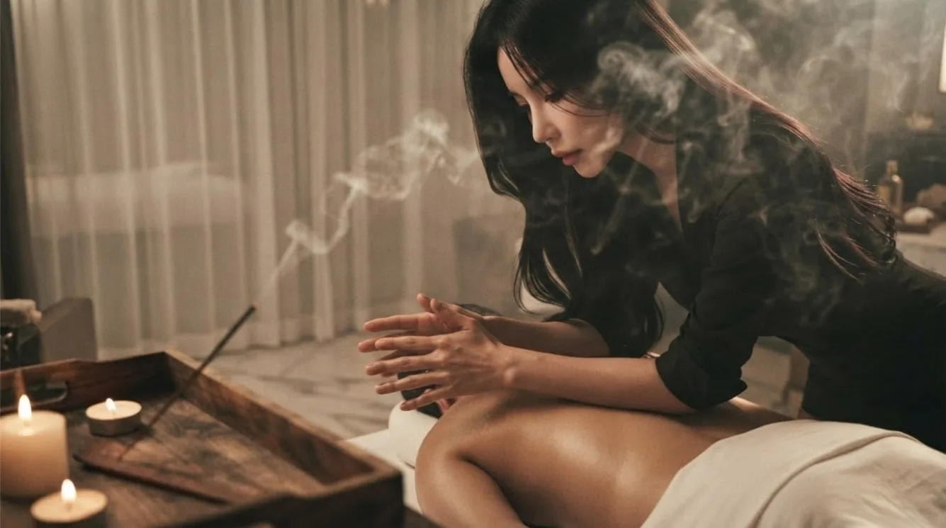 Therapist working on a guest’s back in a softly lit massage room