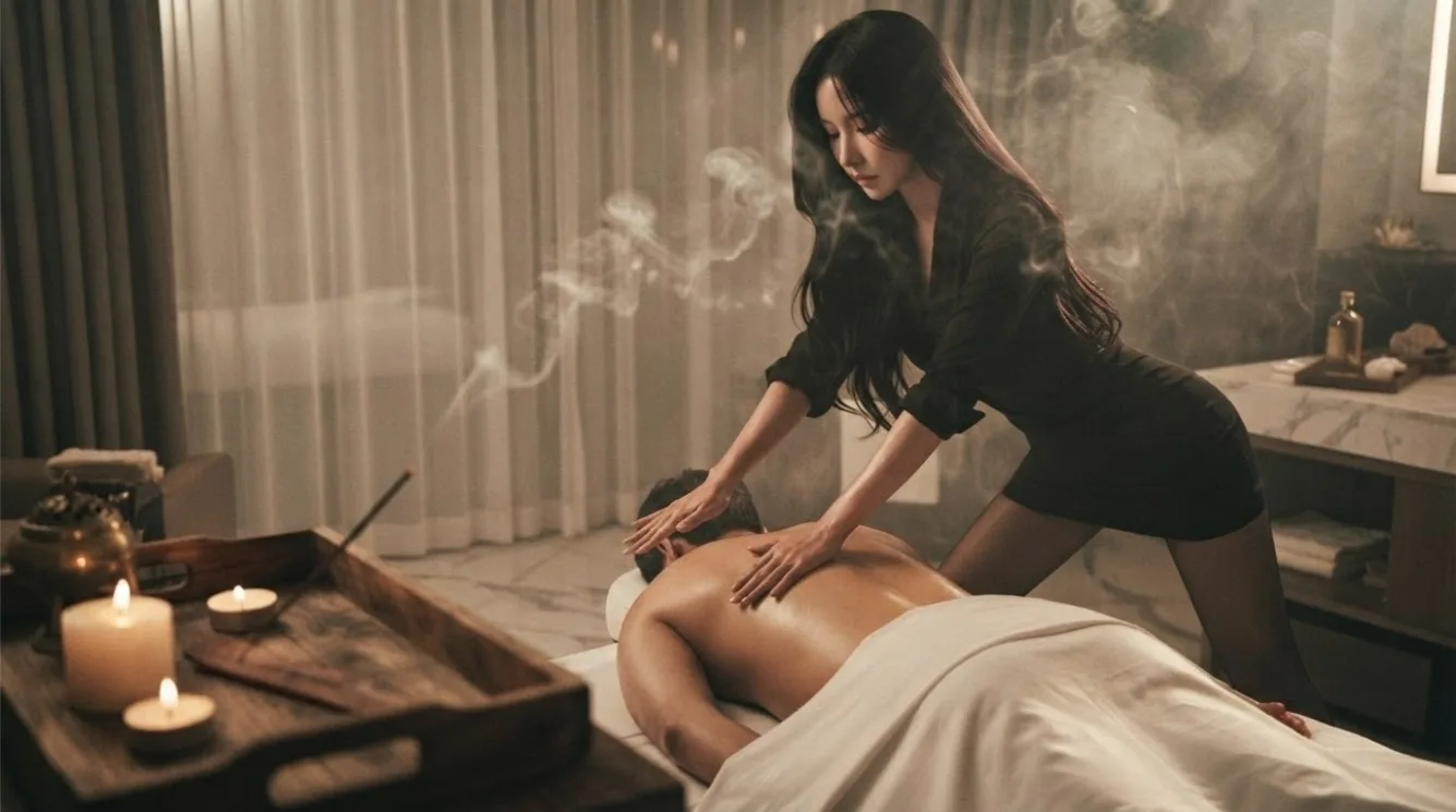 Therapist working on a guest’s back in a softly lit massage room