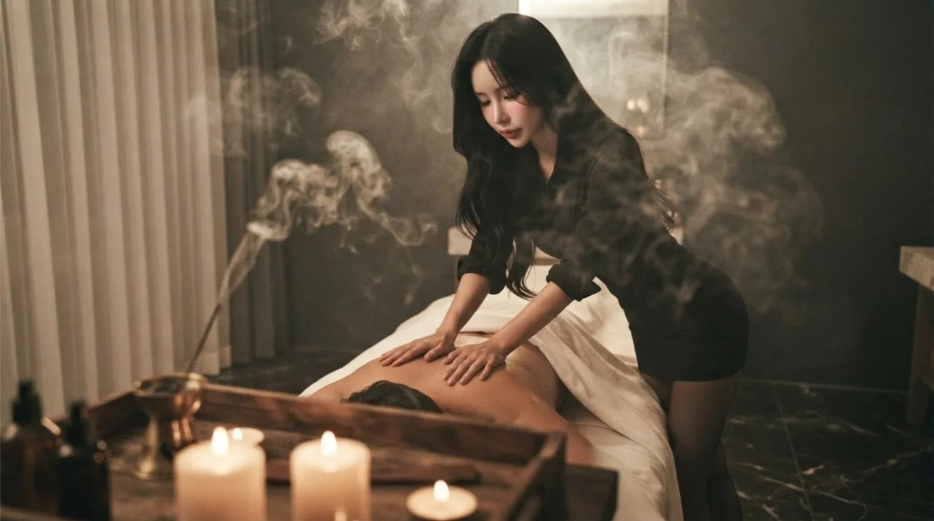 Therapist working on a guest’s back in a softly lit massage room