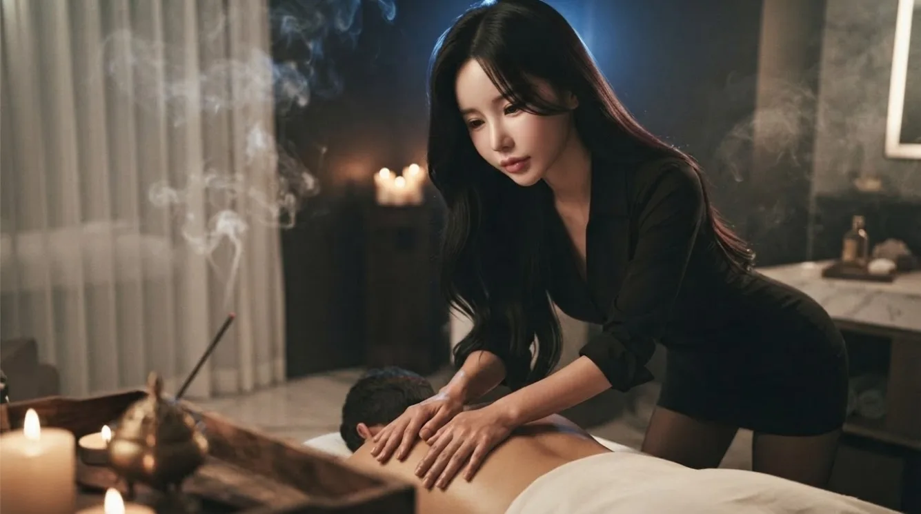 Therapist working on a guest’s back in a softly lit massage room