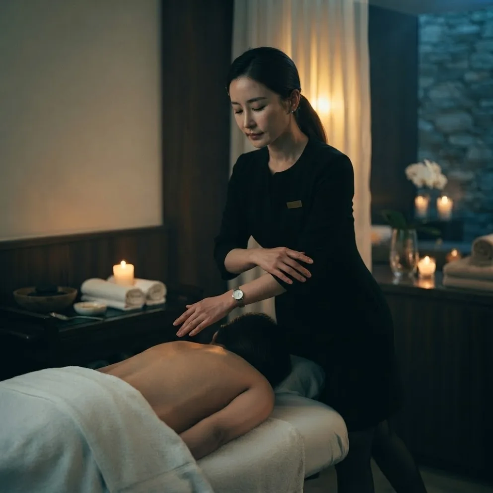 Therapist working on a guest’s back in a softly lit massage room
