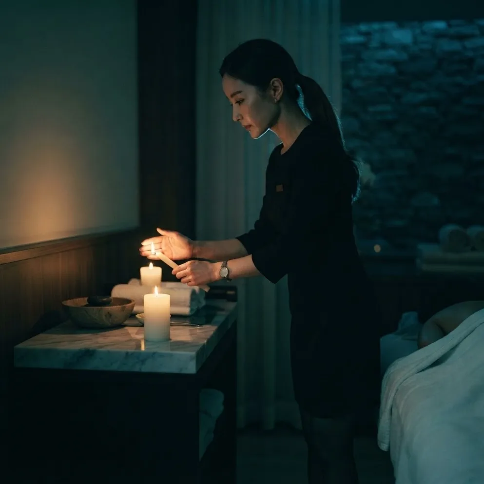 Therapist arranging folded towels beside a massage bed