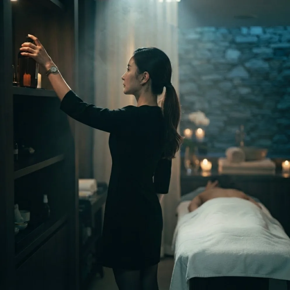 Therapist preparing for a visit beside a massage bed