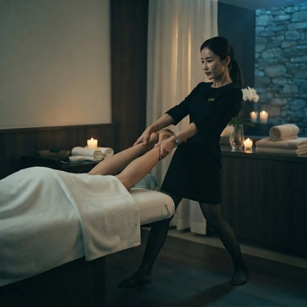 Therapist working on a guest’s back in a softly lit massage room