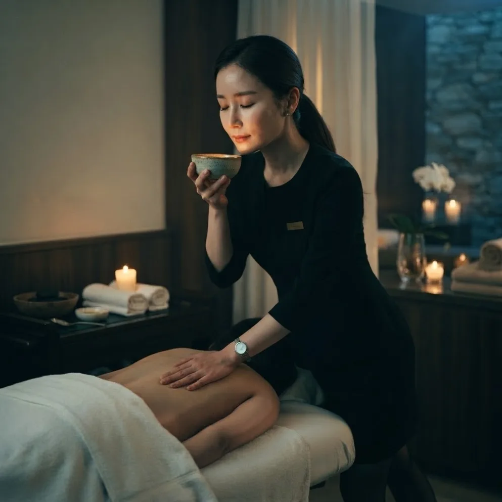 Therapist working on a guest’s back in a softly lit massage room