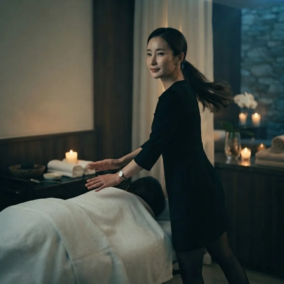 Therapist beside a guest during a private room massage