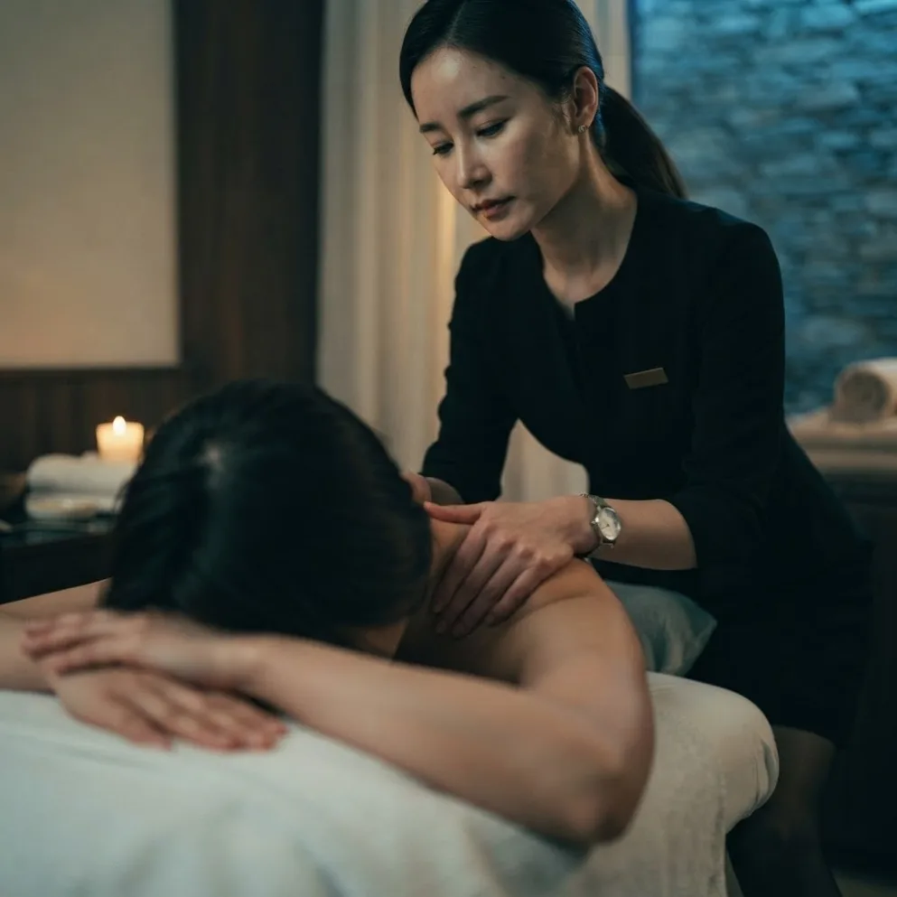 Therapist working on a guest’s back in a softly lit massage room