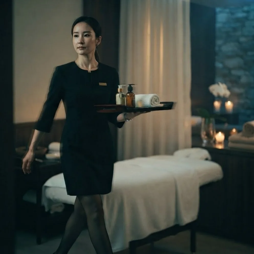 Therapist preparing for a visit beside a massage bed