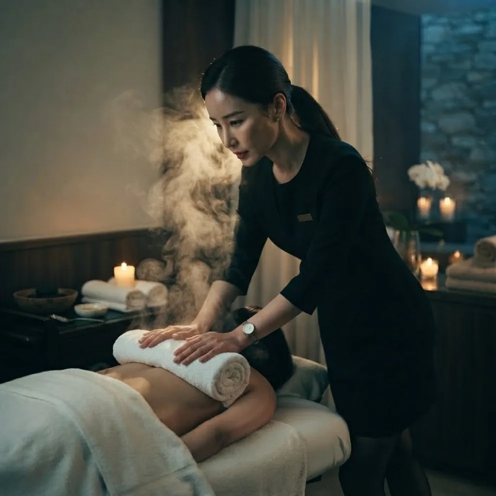 Therapist beside a guest during a private room massage