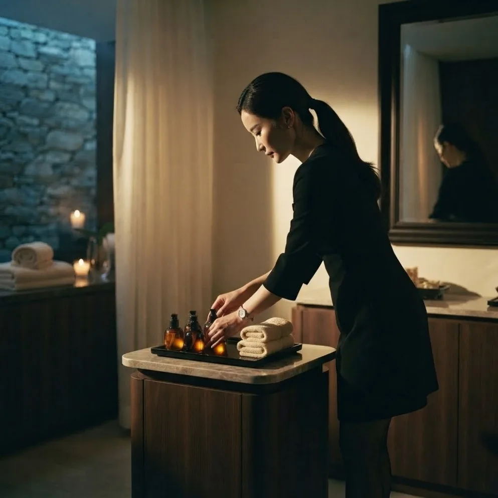 Therapist preparing massage oil beside a treatment bed
