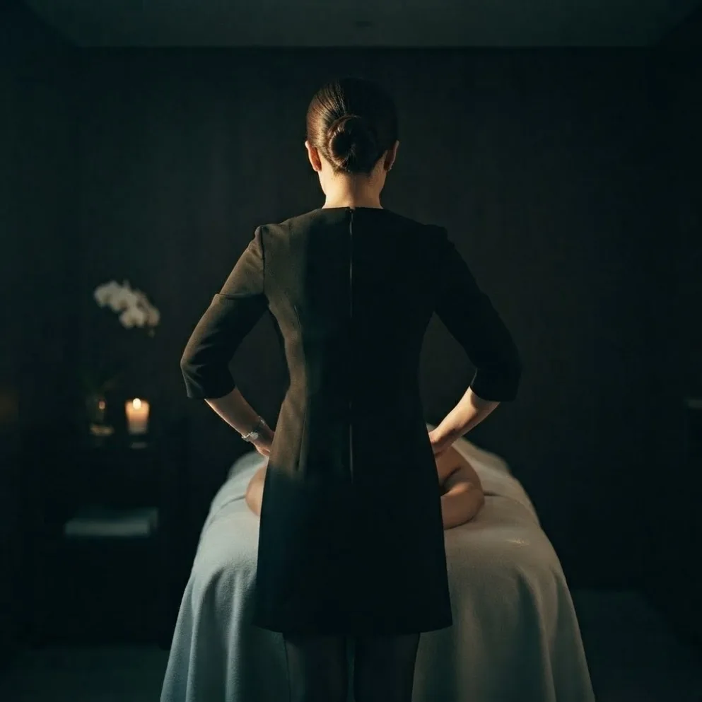 Therapist preparing for a visit beside a massage bed