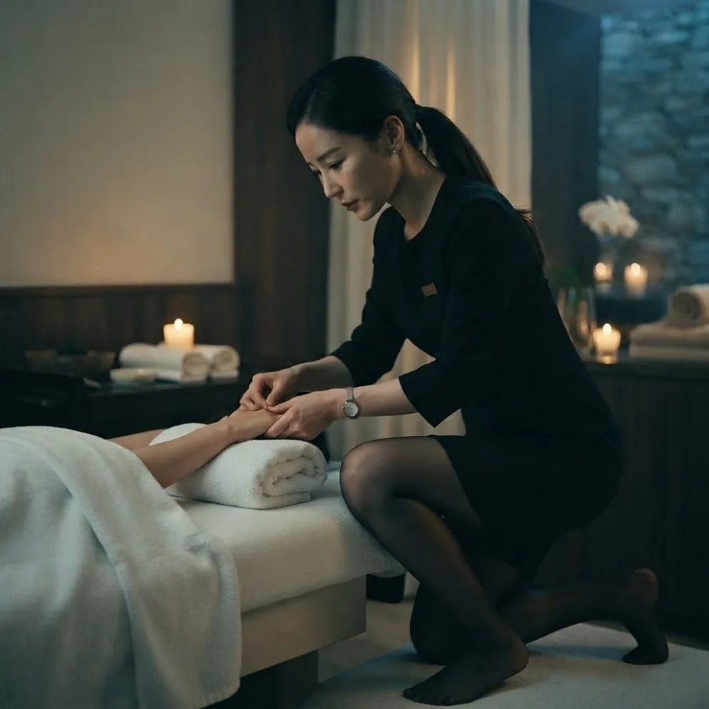 Therapist working on a guest’s back in a softly lit massage room