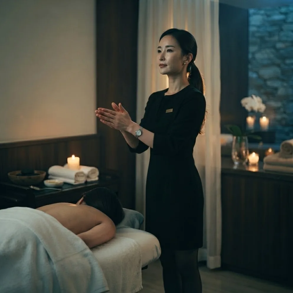 Therapist preparing for a visit beside a massage bed