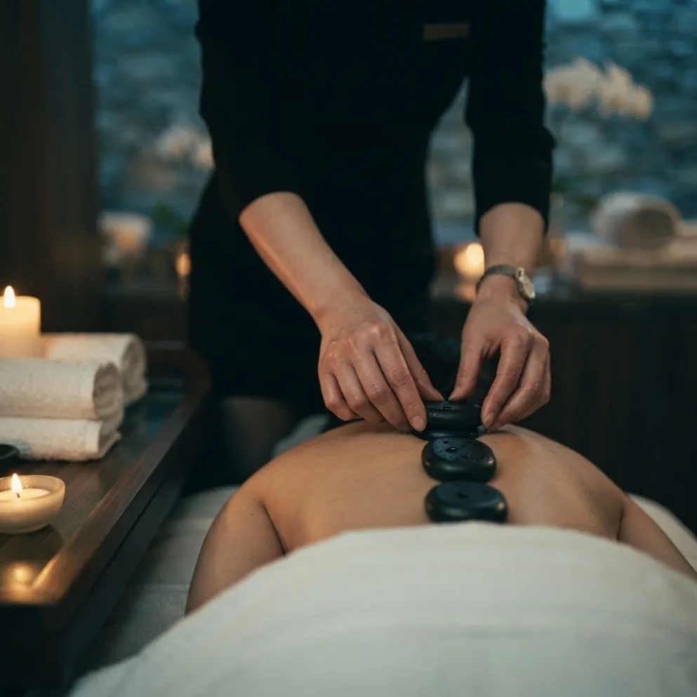 Therapist beside a guest during a private room massage