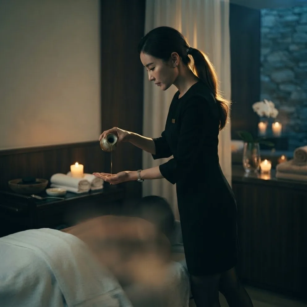 Therapist preparing for a visit beside a massage bed