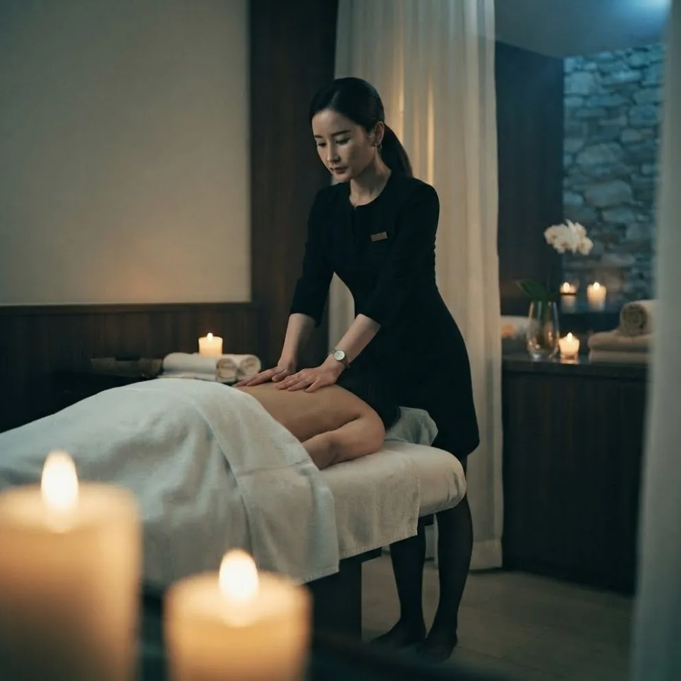 Therapist preparing for a visit beside a massage bed