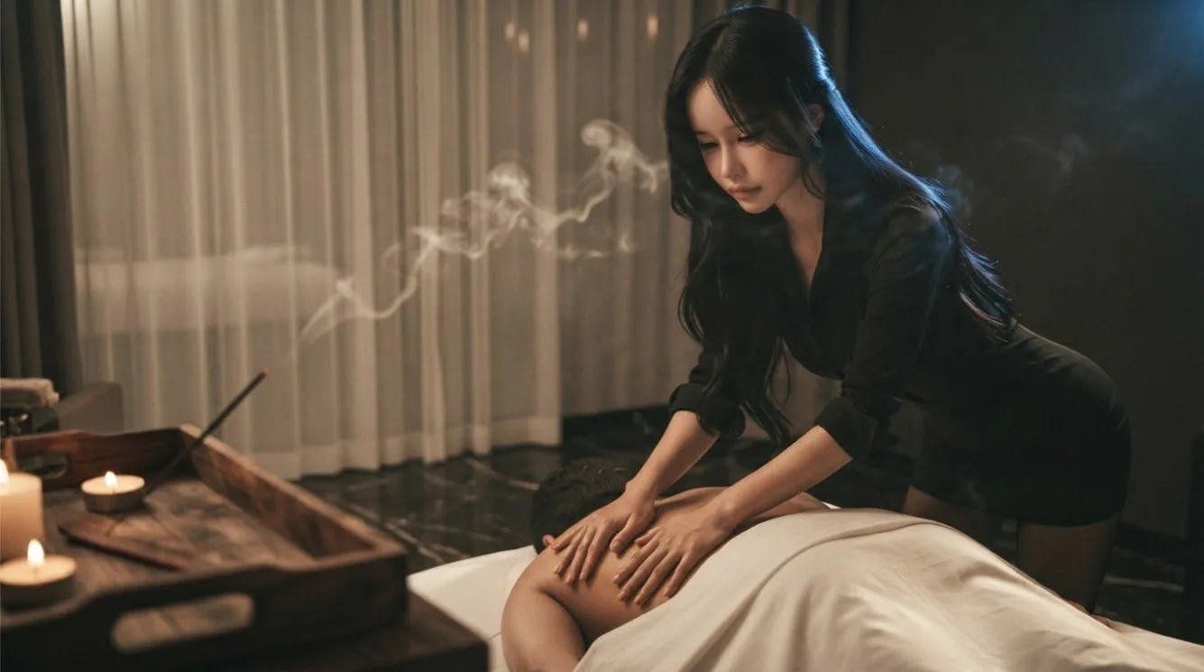 Therapist working on a guest’s back in a softly lit massage room