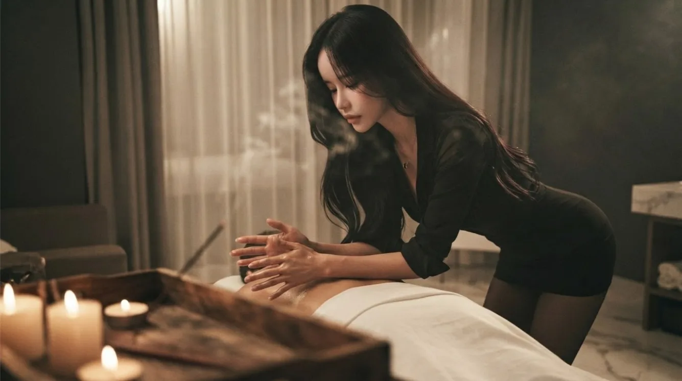 Therapist working on a guest’s back in a softly lit massage room