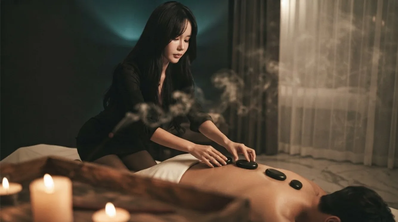 Hot stones arranged on a guest’s back during a massage