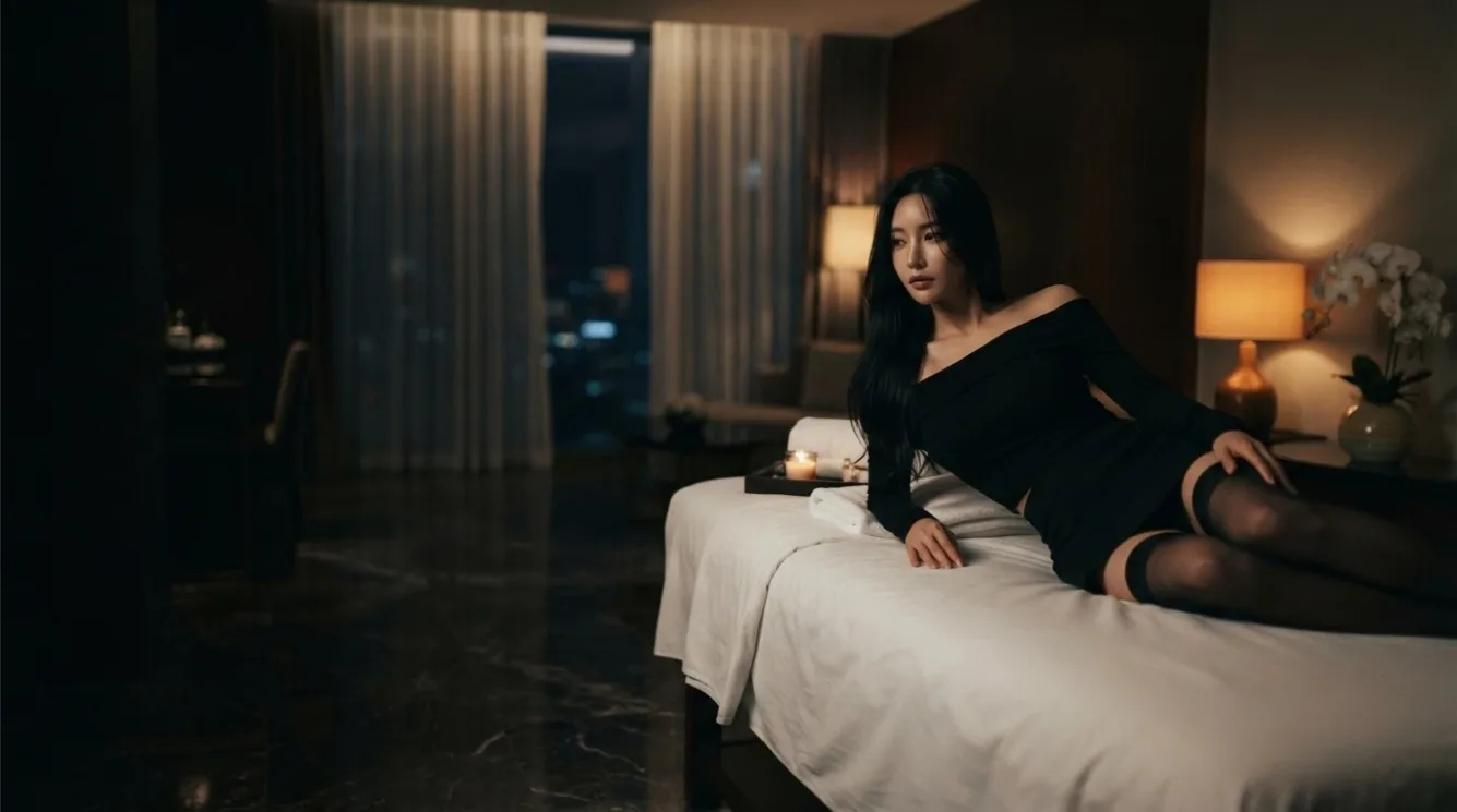 Therapist working on a guest’s back in a softly lit massage room