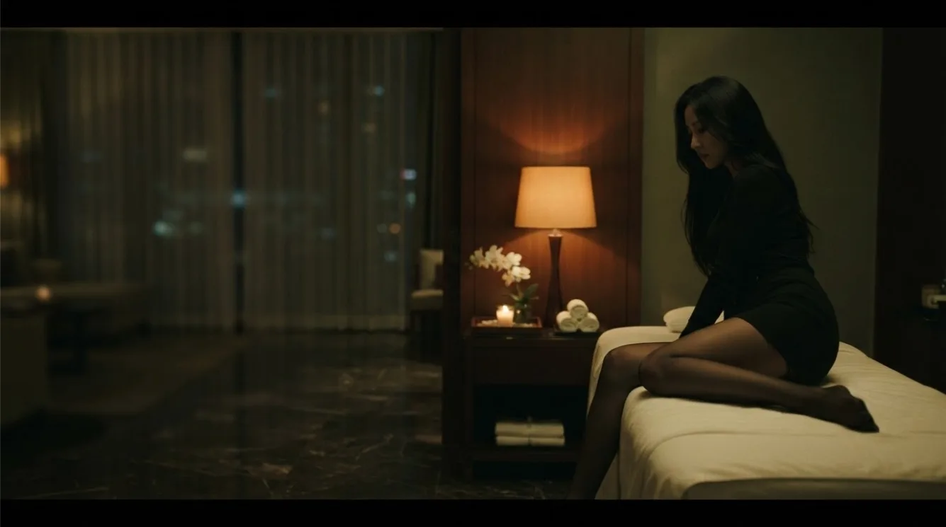 Therapist preparing for a visit beside a massage bed
